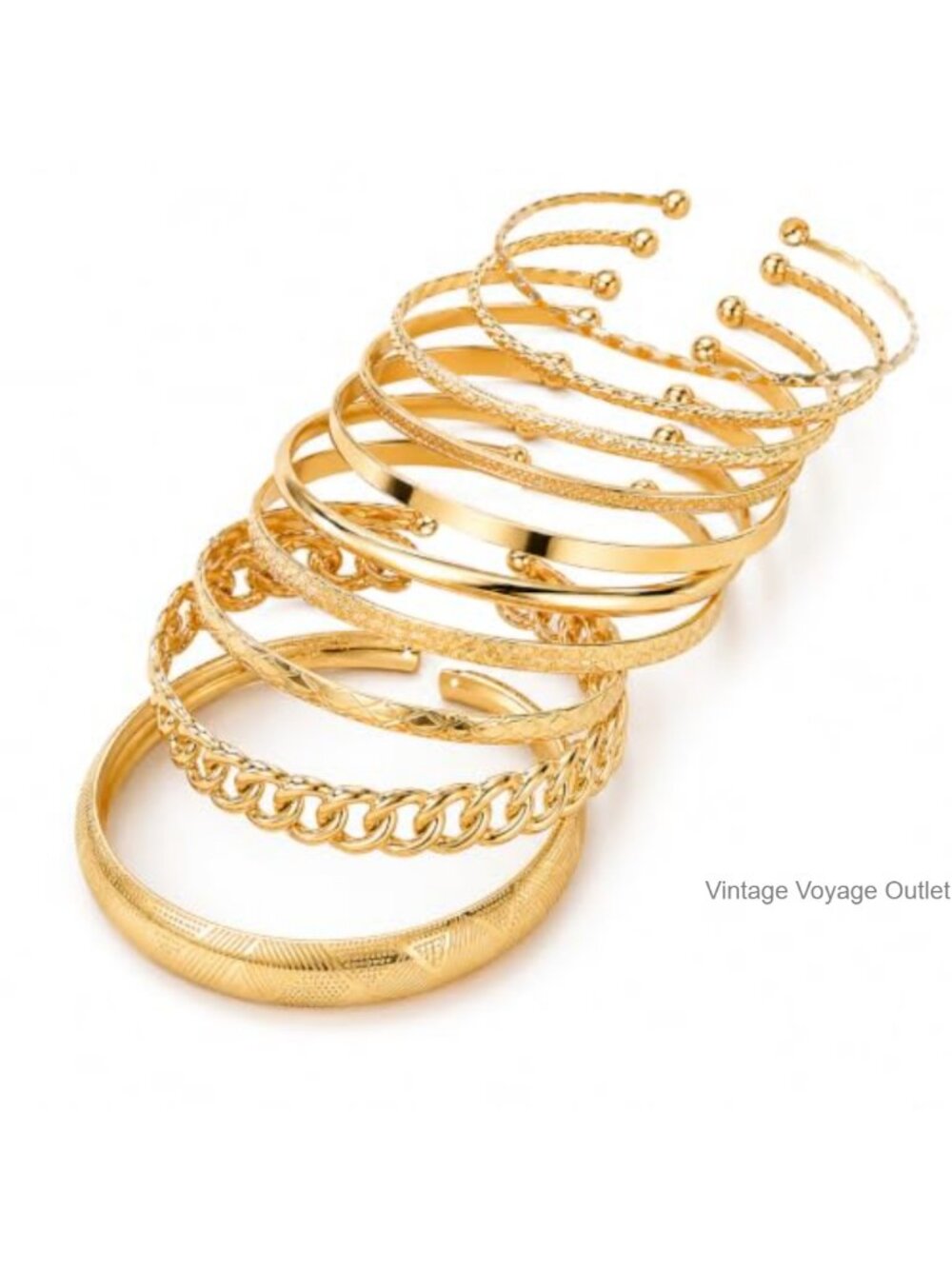 Gold Tone Stackable Bangle Bracelet Set Adjustable Cuff Open Women Jewelry